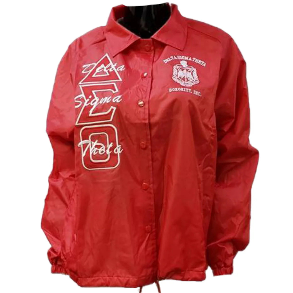 Red jacket with white text and logos on a white background