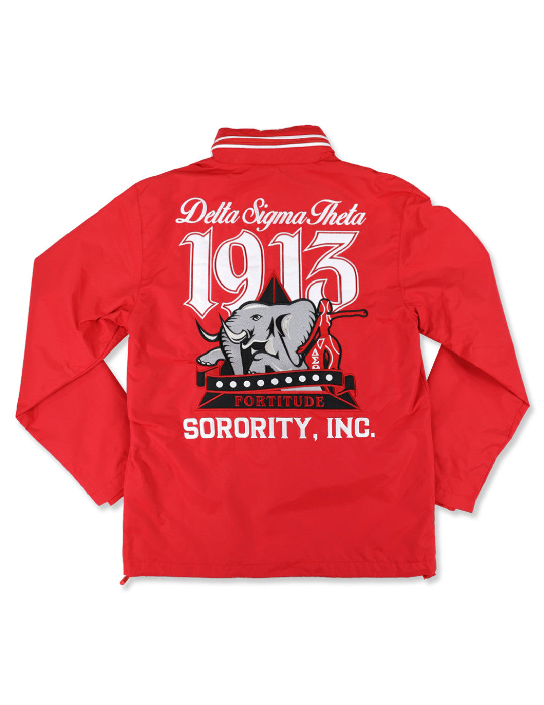 Red jacket with Delta Sigma Theta sorority logo on a white background
