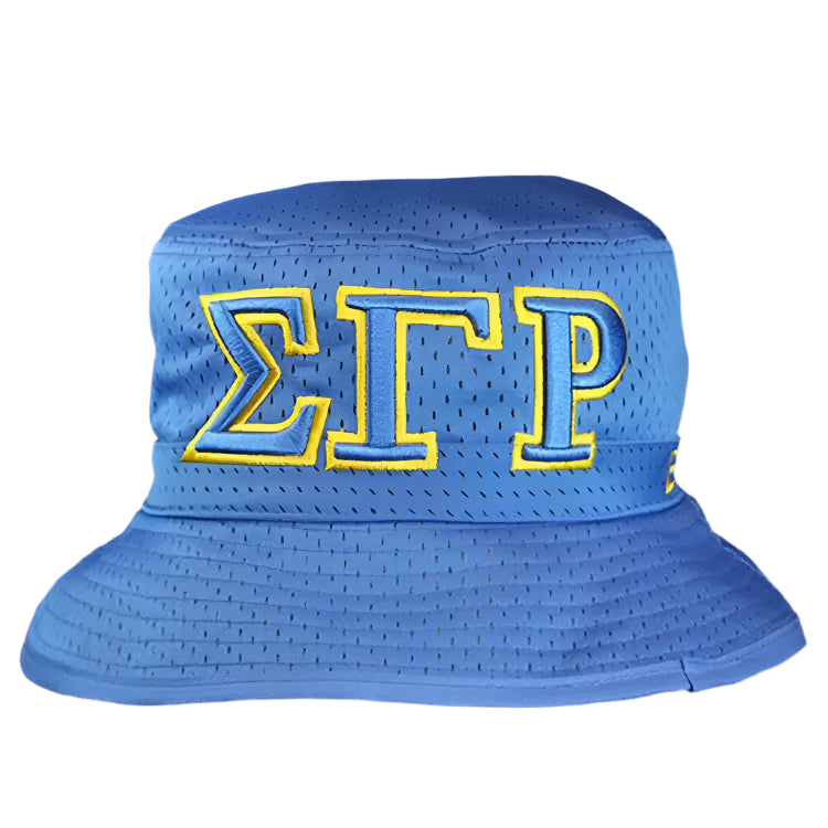 Blue bucket hat with yellow and blue text on a black background