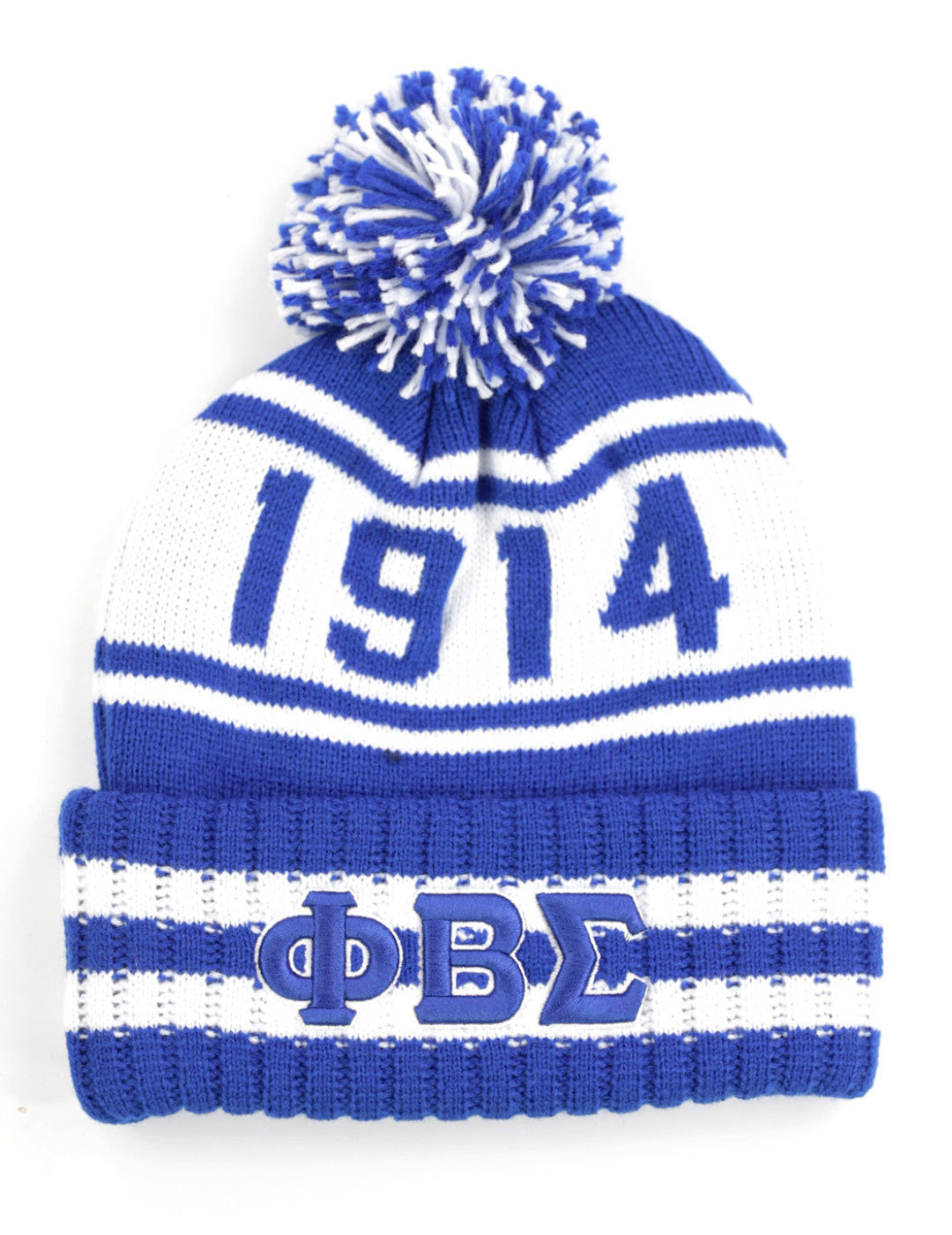 Blue and white beanie with '1914' and 'ΦΒΣ' text on a white background