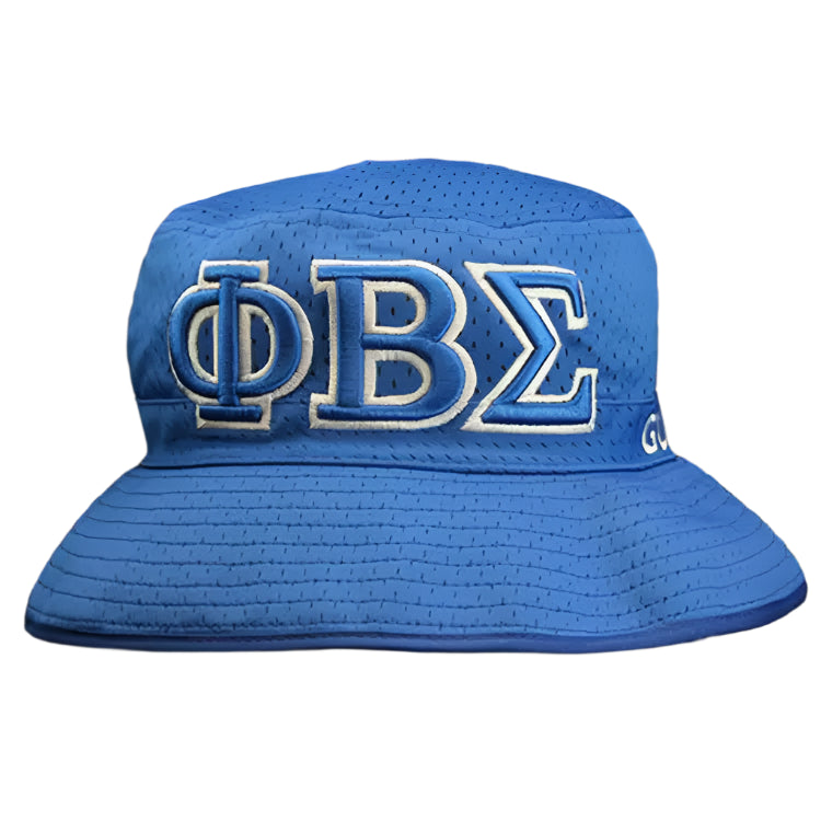 Blue bucket hat with embroidered letters on a black background