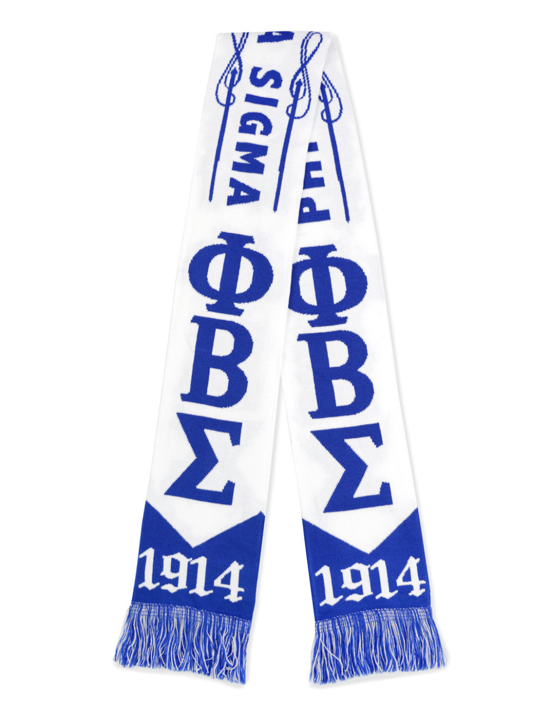 White and blue scarf with Greek letters and year '1914' on a white background