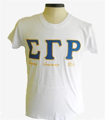 White t-shirt with blue and gold letters on a mannequin against a white background