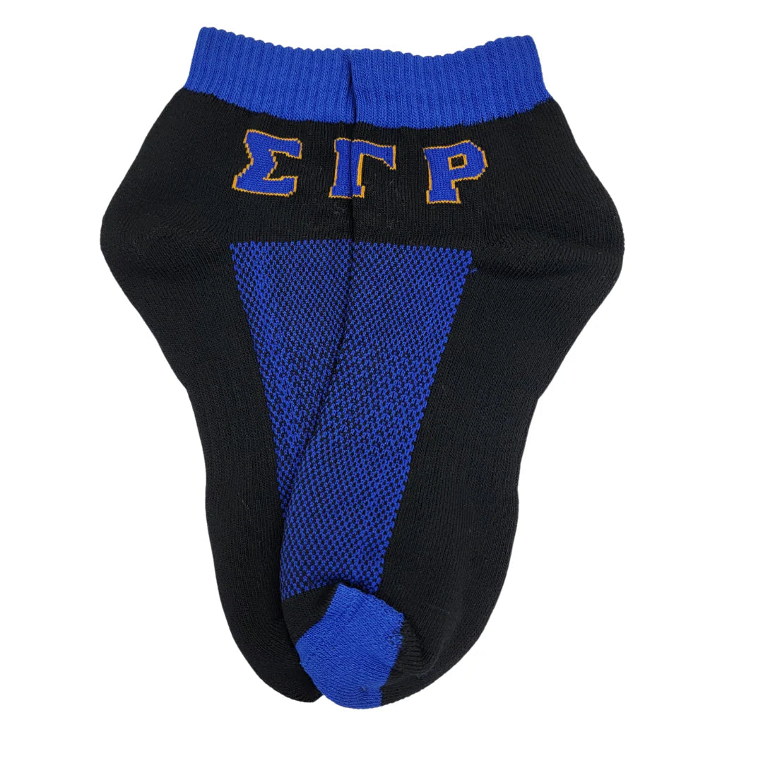 Black ankle sock with blue accents and 'Sigma Gamma Rho' letters on a white background