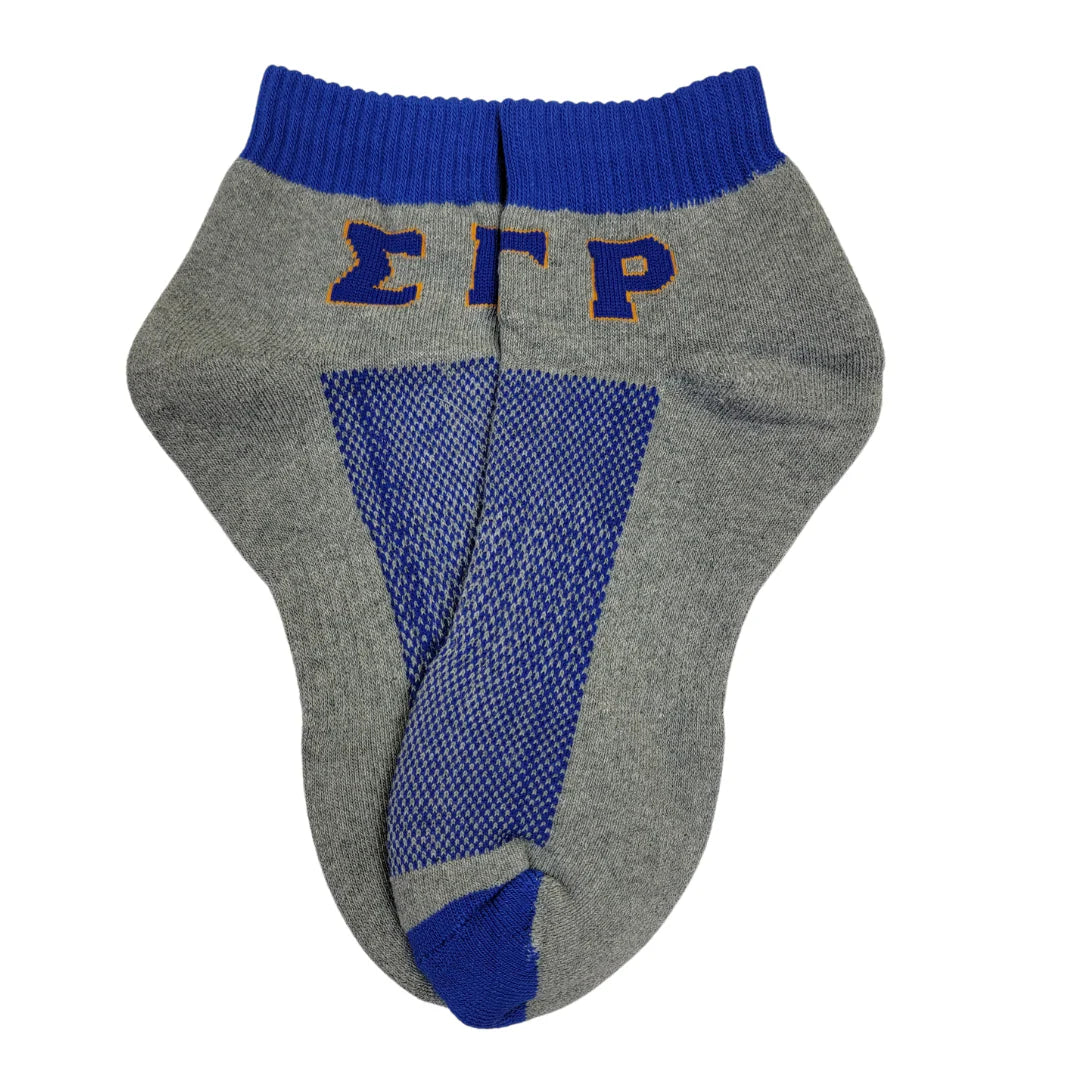 Gray ankle socks with blue accents and 'Sigma Gamma Rho' letters on a white background