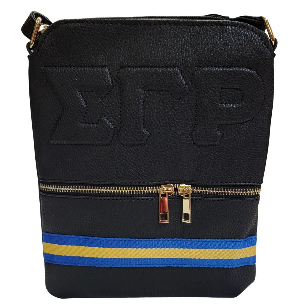 Black bag with gold zipper and blue stripe on a white background