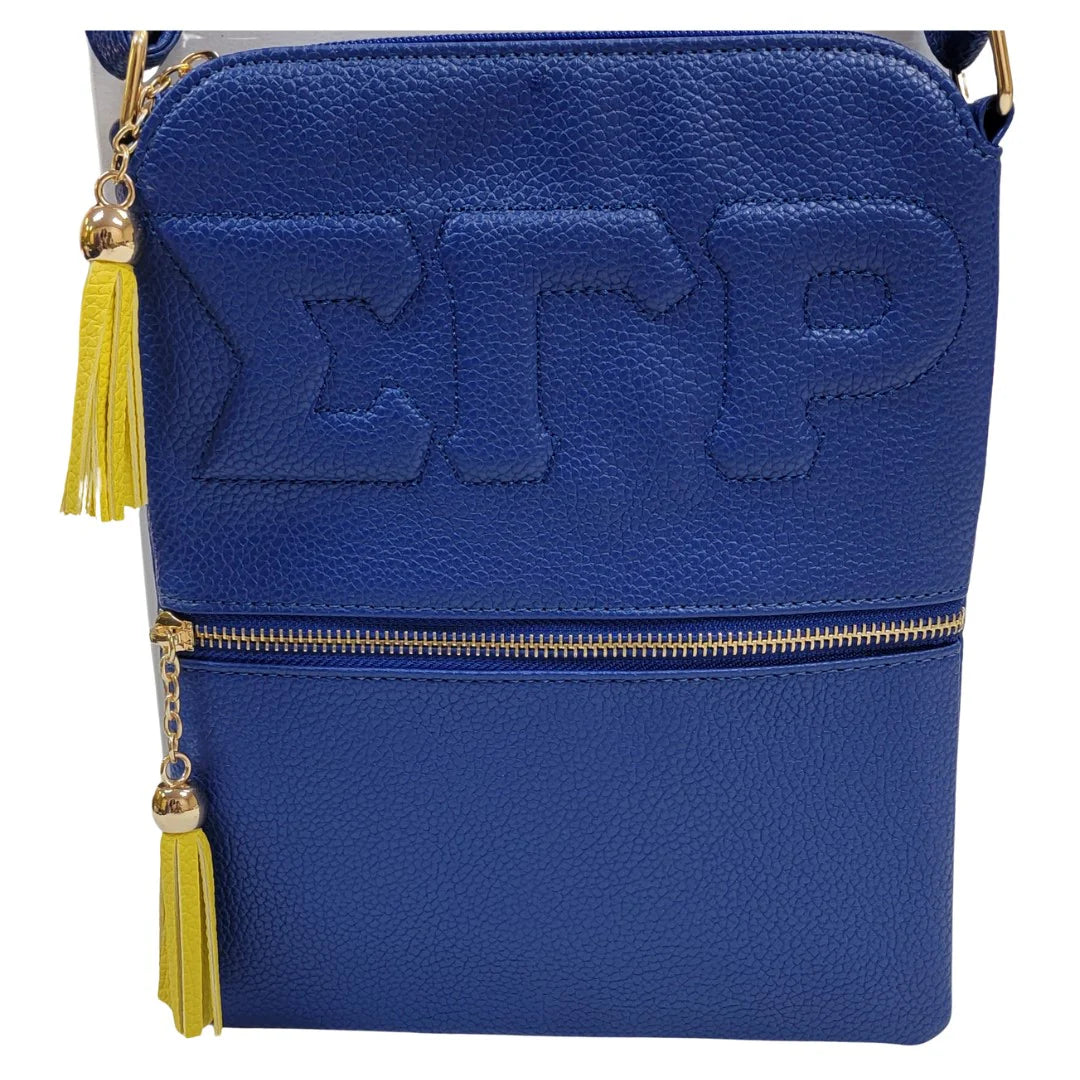Blue bag with 'Sigma Gamma Rho' letters and yellow tassels on a white background