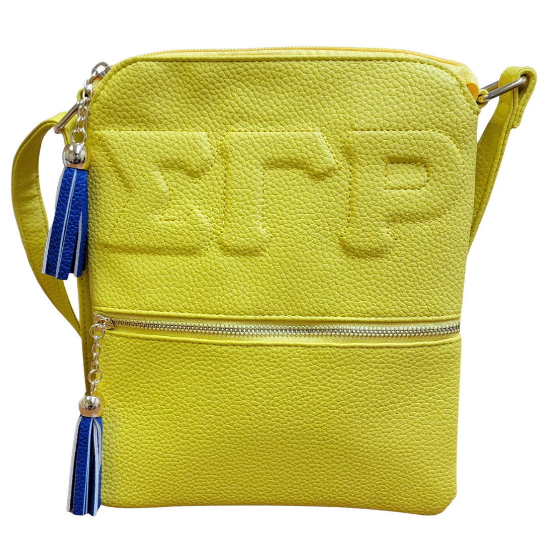 Yellow crossbody bag with blue tassels on a white background