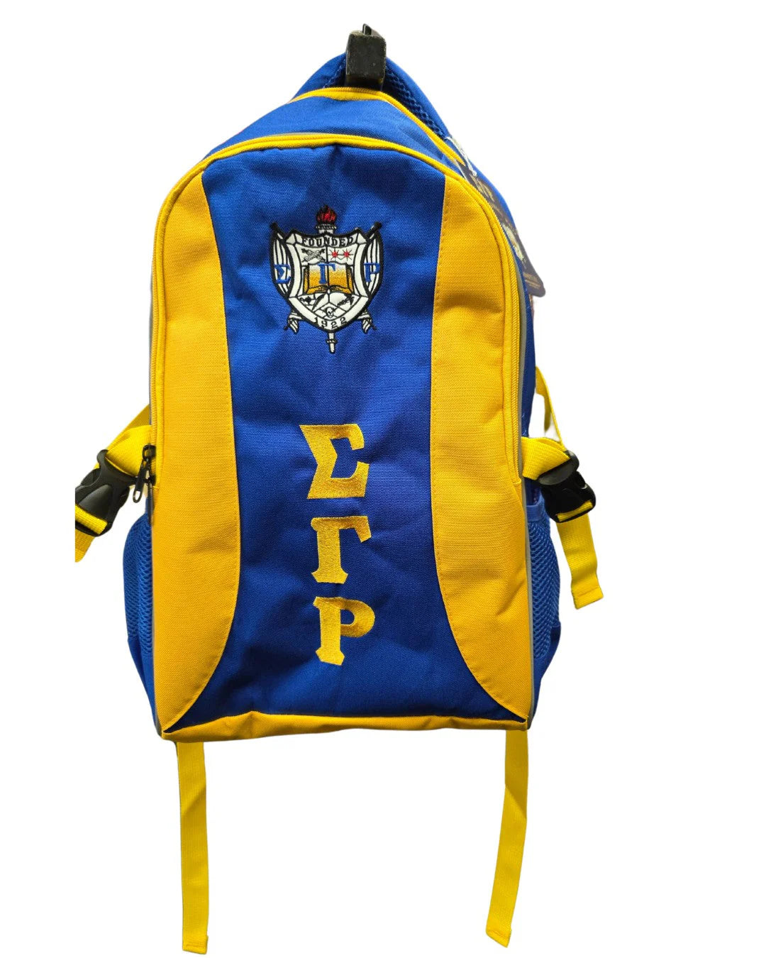 Blue and yellow backpack with a logo and text on a white background