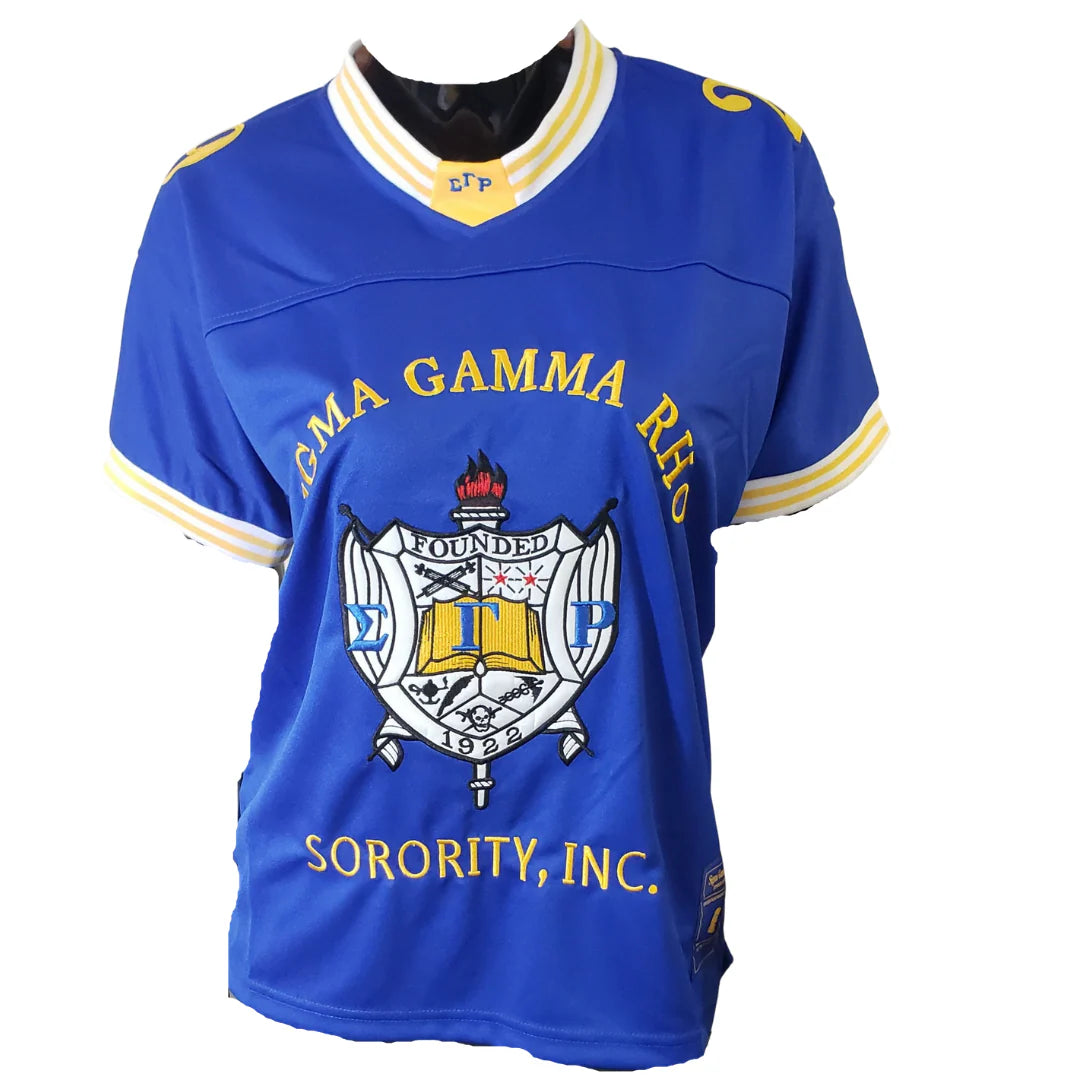 Blue sports jersey withGamma Gamma Rho Sorority, Inc. logo on a white background