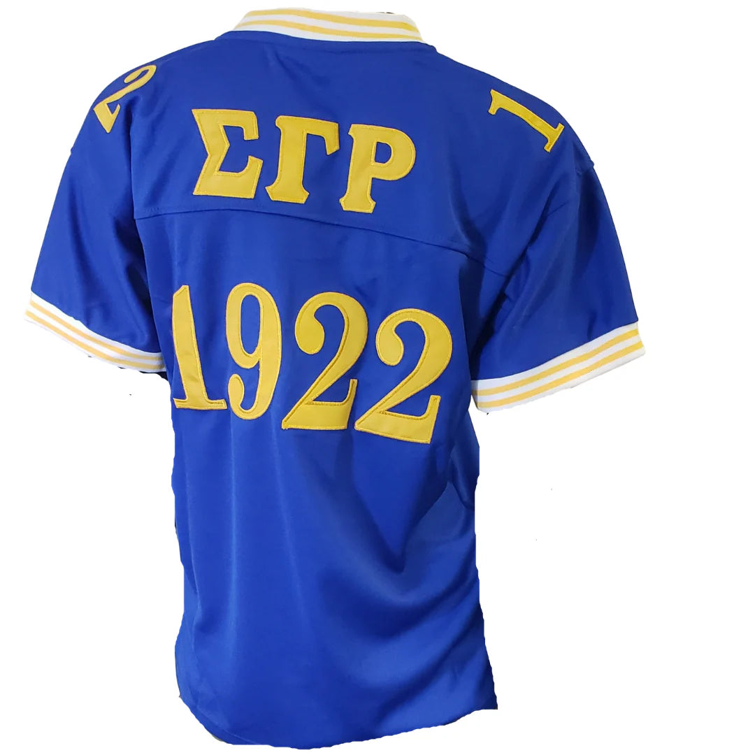 Blue sports jersey with yellow text and numbers on a white background