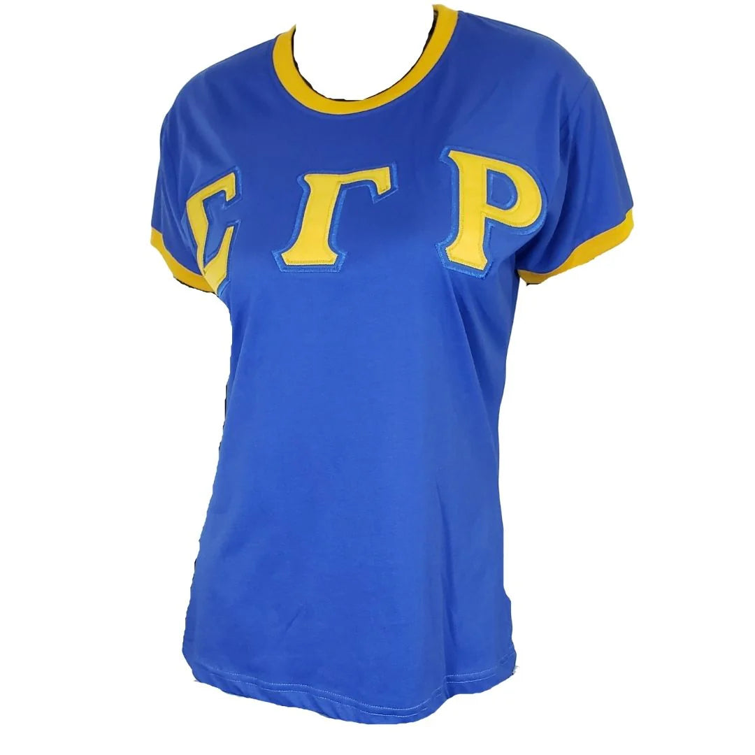 Blue t-shirt with yellow letters on a white background