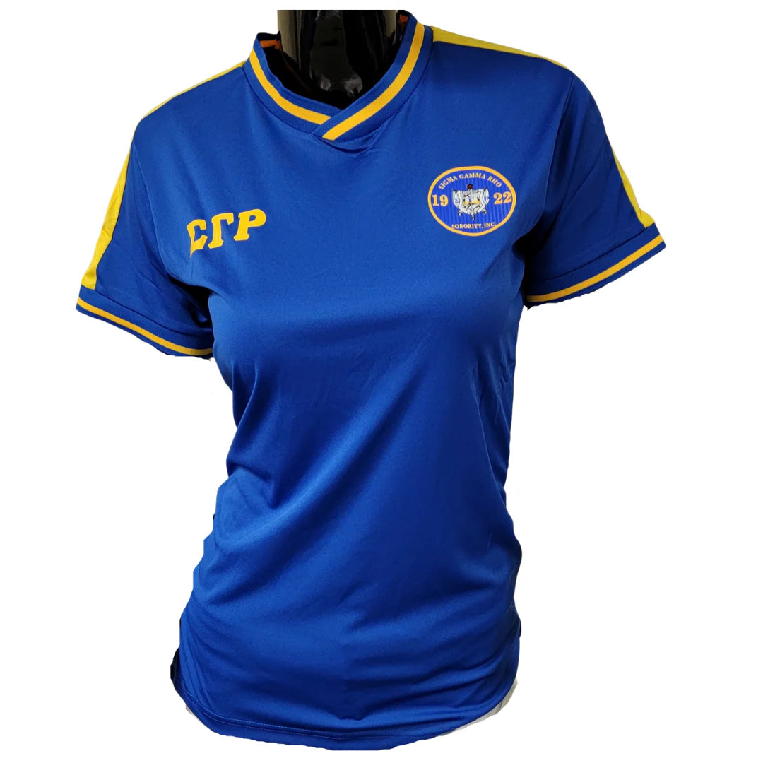 Blue sports jersey with yellow accents on a white background