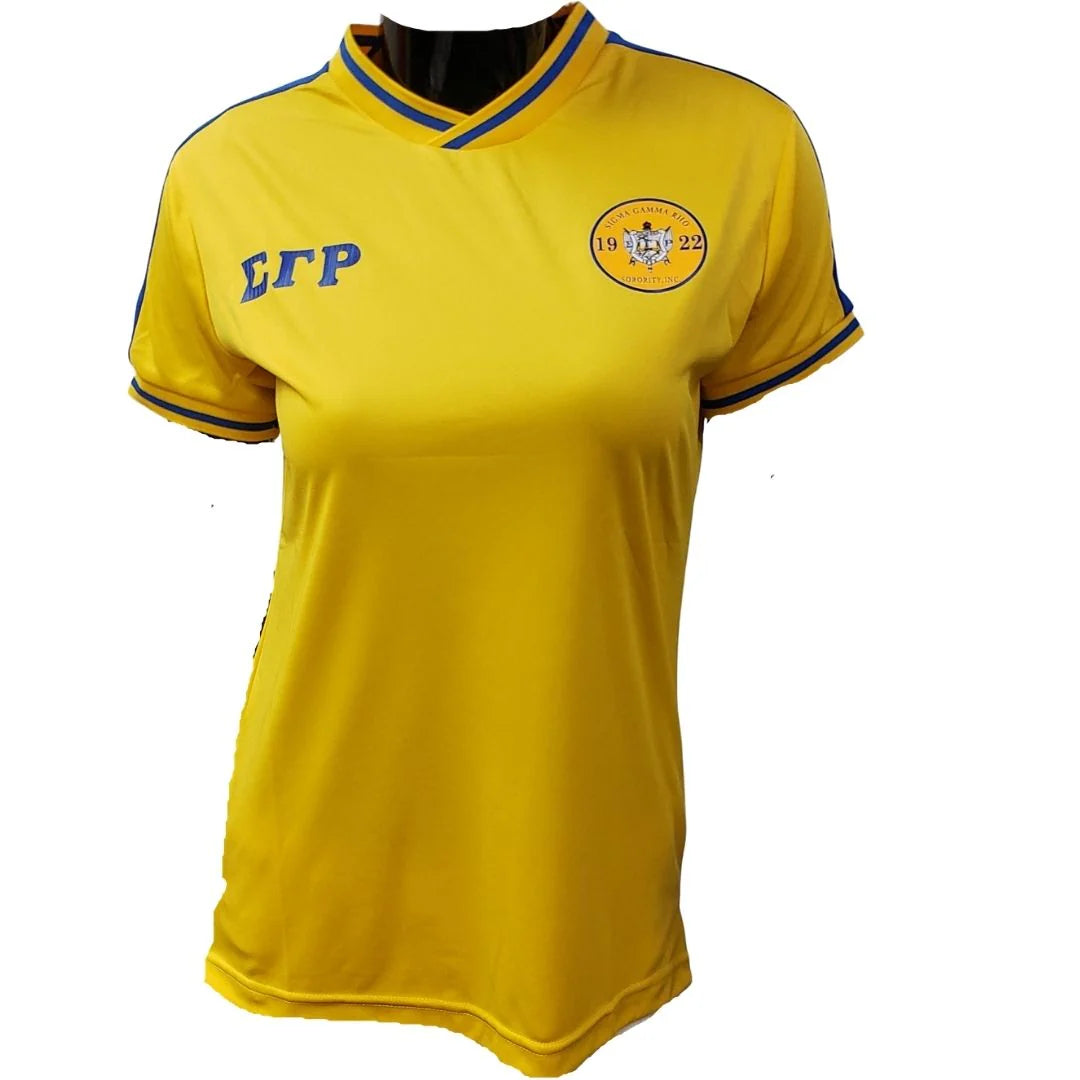 Yellow sports jersey with blue accents and logos on a white background