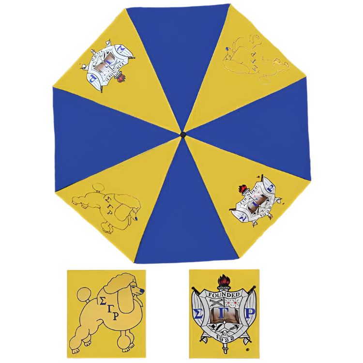 Blue and yellow umbrella with illustrations on a black background