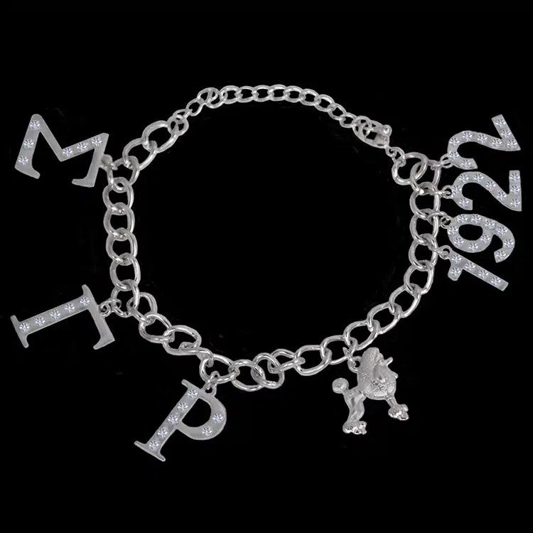 Silver chain bracelet with letter charms on a black background
