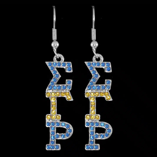 Earrings with blue and yellow letters on a black background Earrings with blue and yellow letters on a black background