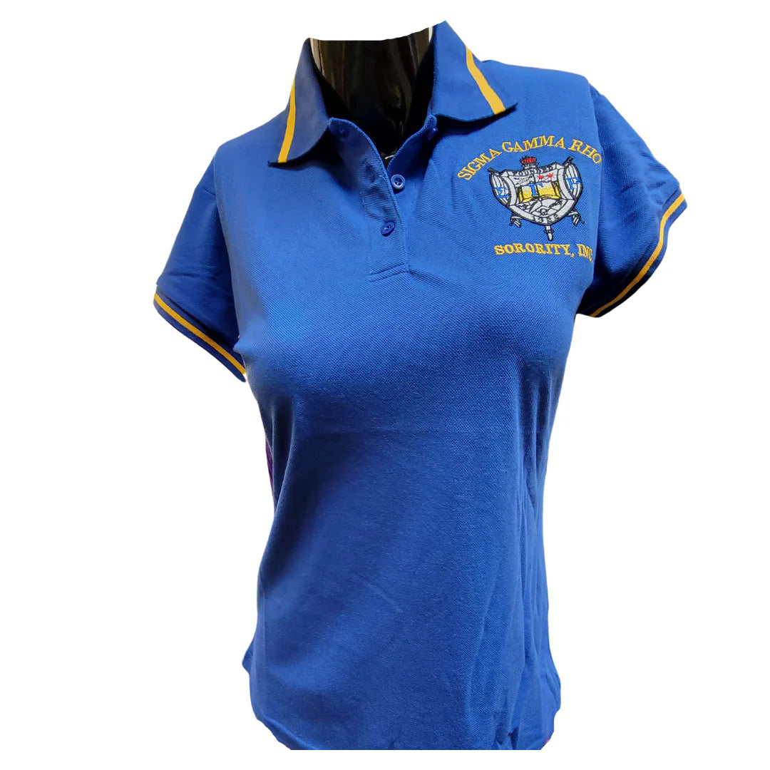 Blue polo shirt with embroidered design on a white background