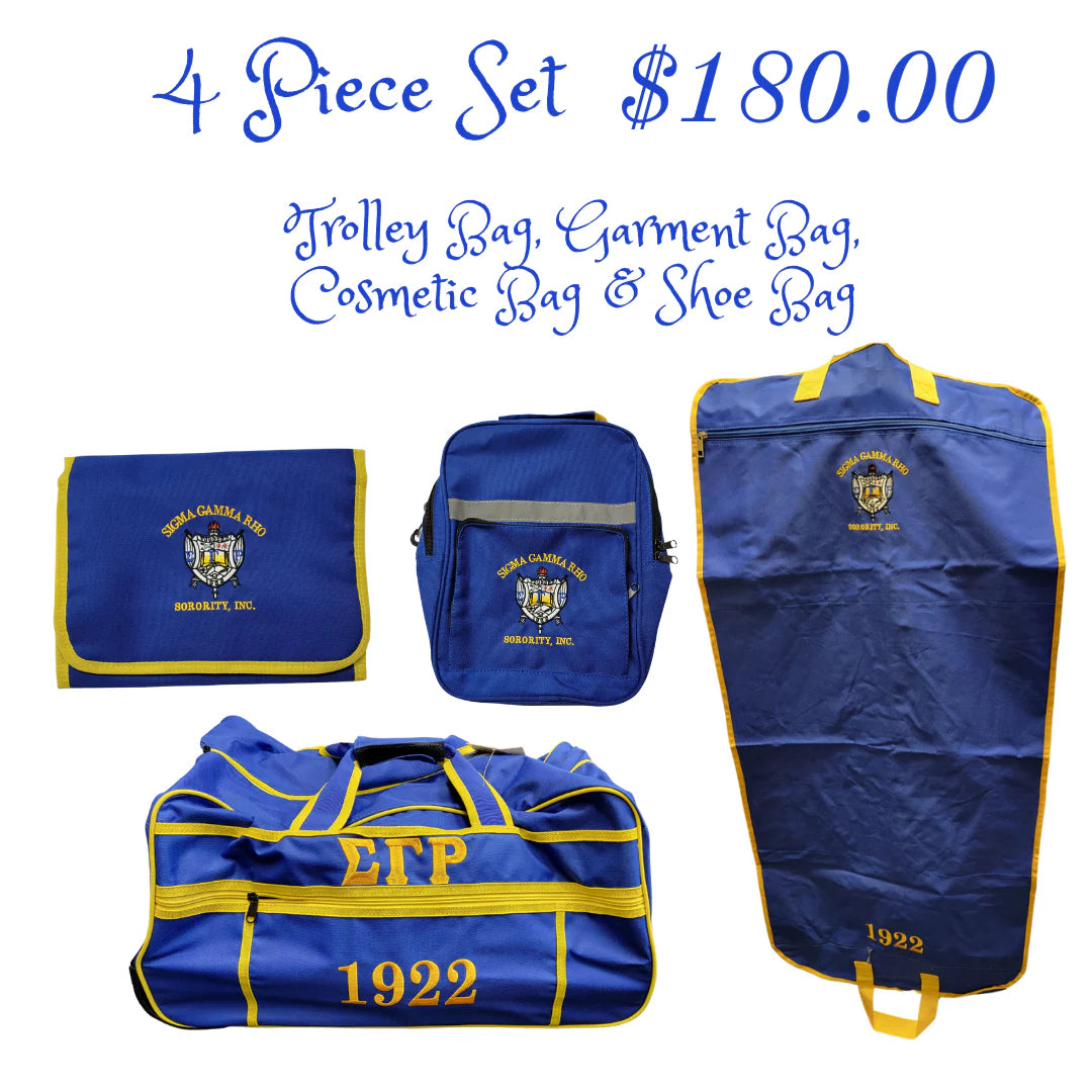 Set of four blue bags with yellow accents and logos on a white background