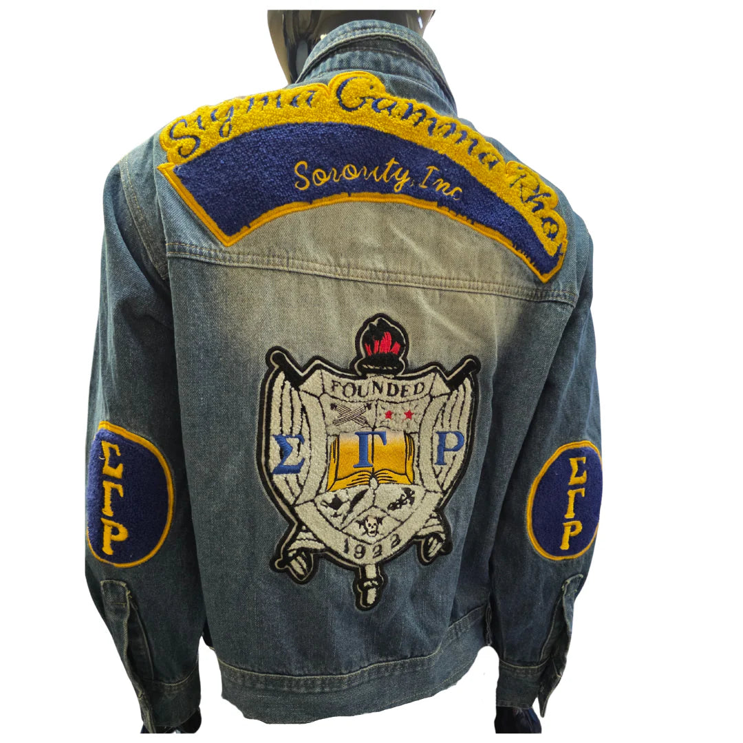 Denim jacket with Sigma Gamma Rho sorority patches on a white background