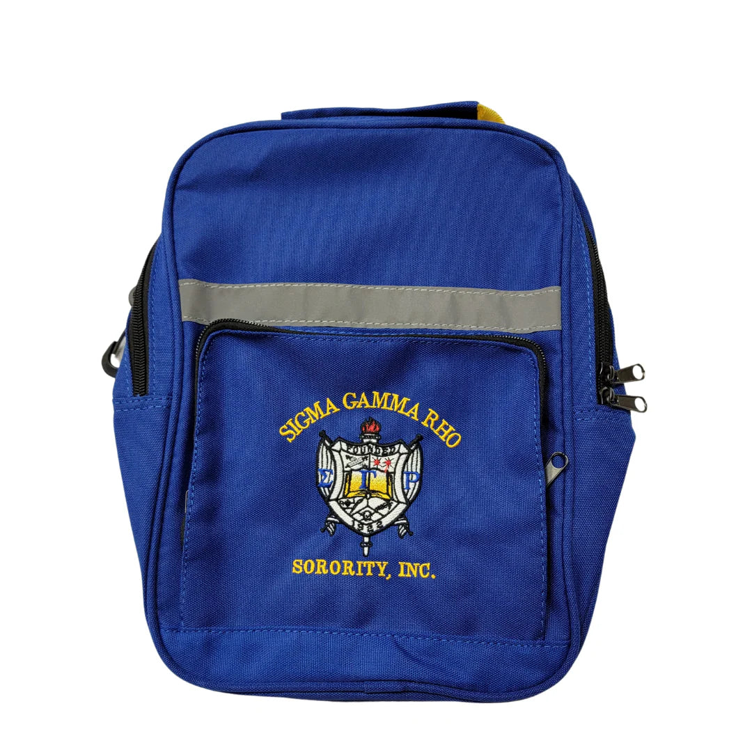 Blue backpack with Sigma Gamma Rho Sorority, Inc. emblem on a white background