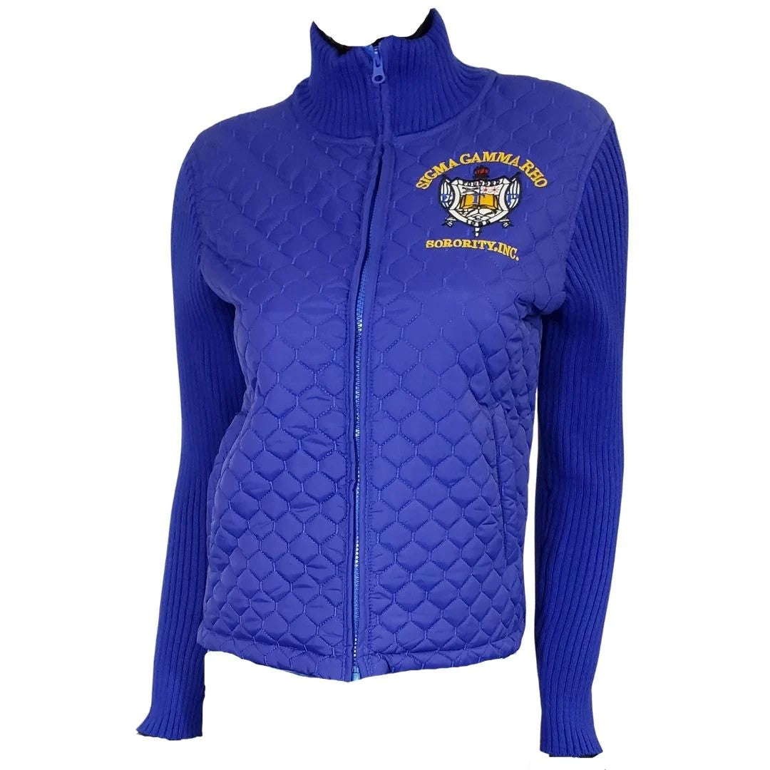 Blue quilted jacket with an embroidered logo on a white background
