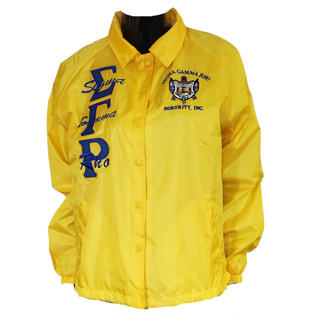 Yellow jacket with Sigma Gamma Rho sorority logos on a white background