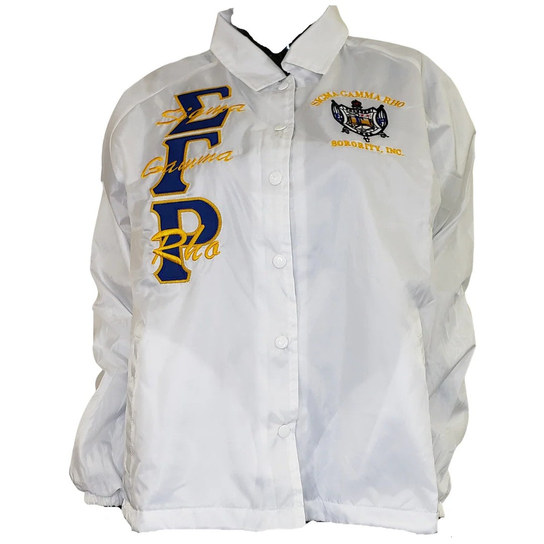 White shirt with embroidered text and logos on a white background