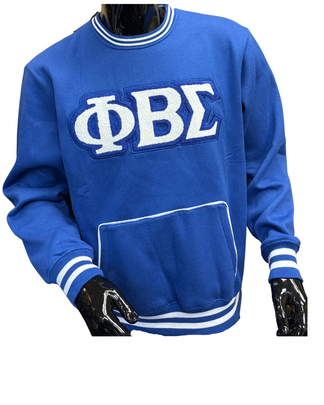 Blue sweatshirt with white lettering on a mannequin against a white background