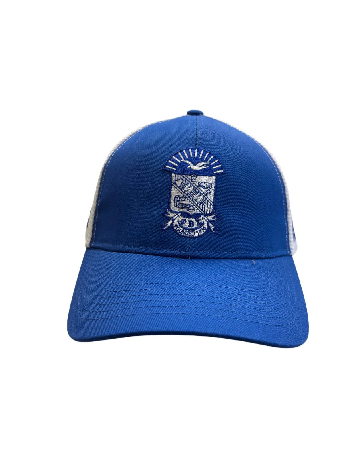 Blue cap with a white logo on a white background