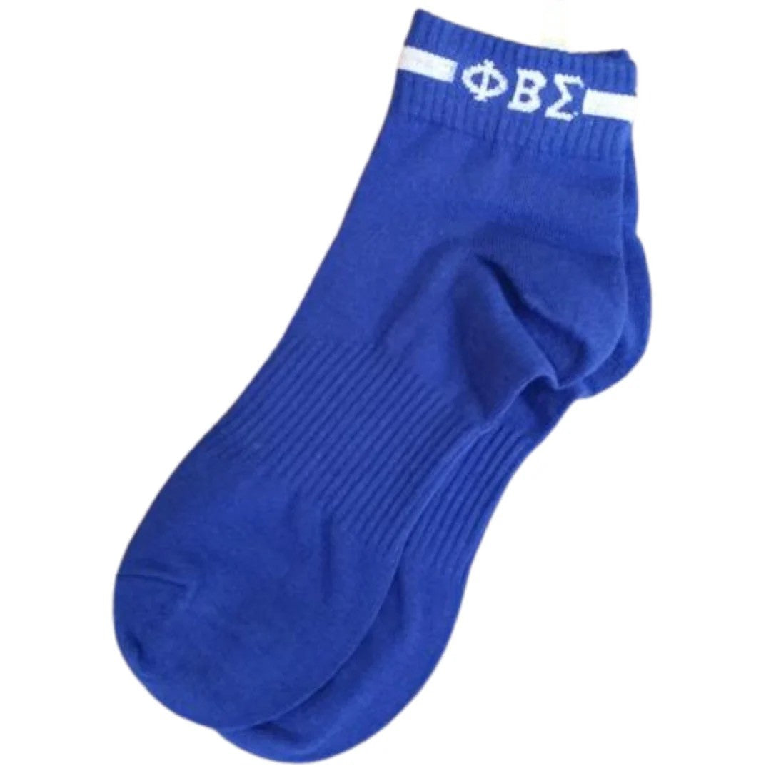 Blue sock with white band featuring Greek letters on a white background
