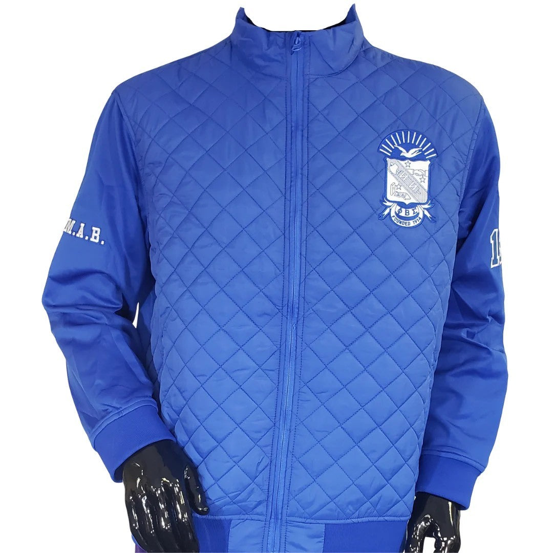Blue quilted jacket with a logo on a white background