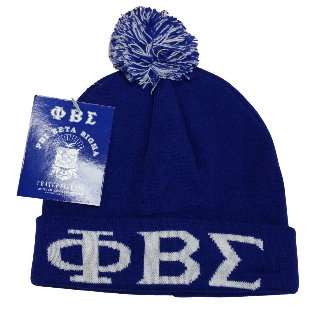 Blue beanie with white Greek letters and a tag on a white background
