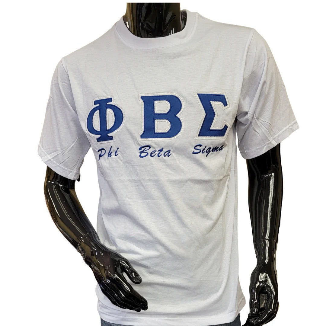 White t-shirt with blue Phi Beta Sigma letters on a mannequin