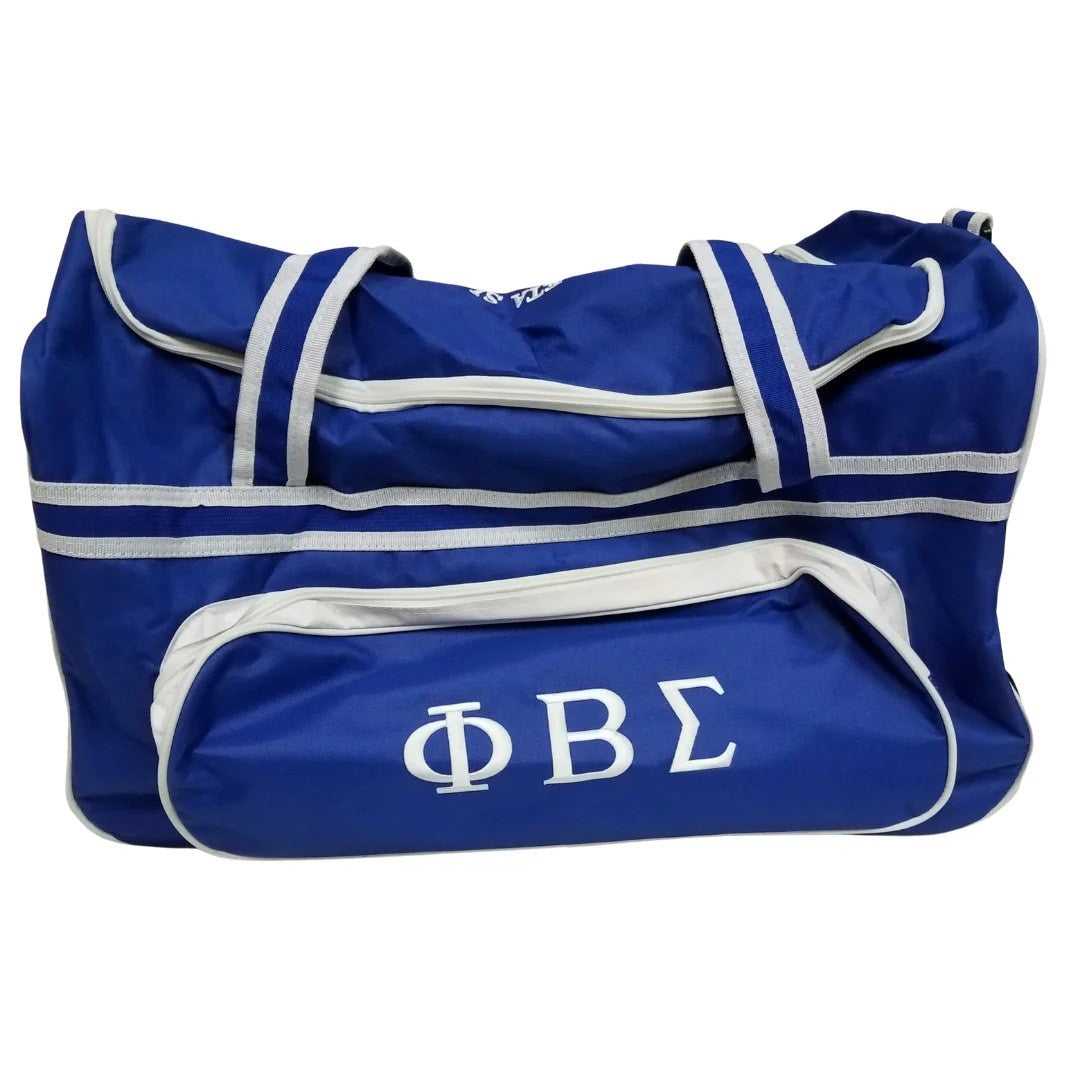 Blue duffel bag with white lettering on a white background