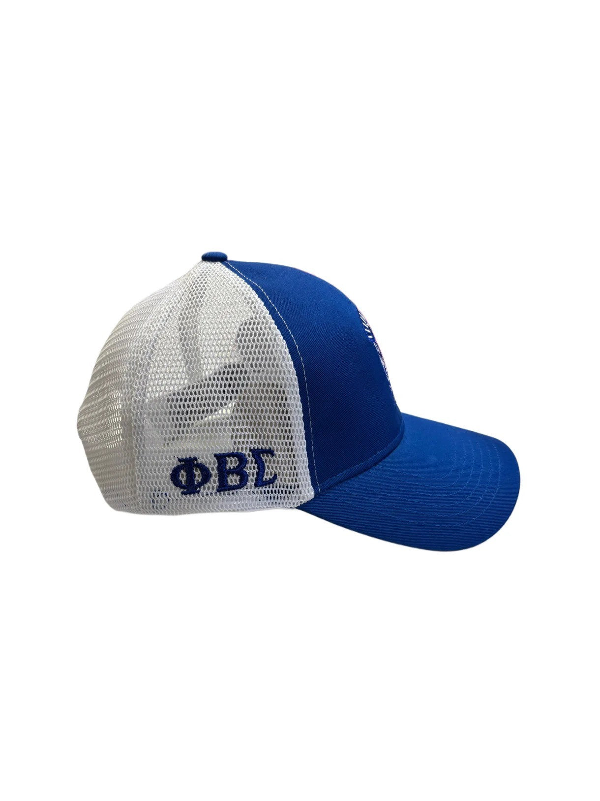 Blue and white cap with embroidered letters on a white background