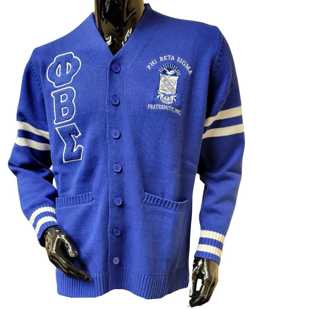 Blue cardigan with white lettering and emblem on a mannequin against a white background