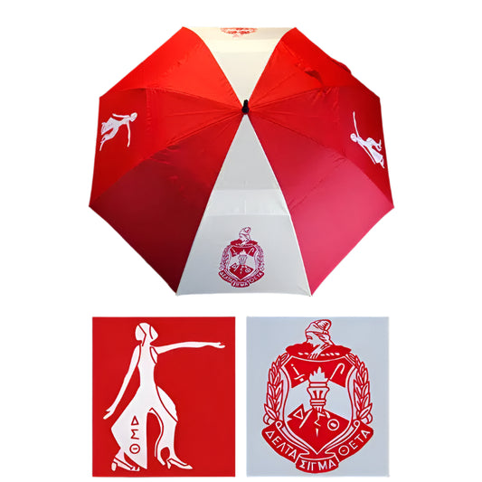 Red and white umbrella with logos on a black background