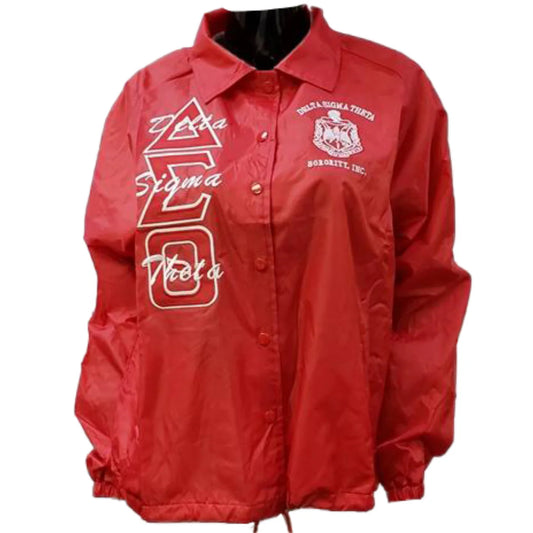 Red jacket with white text and logos on a white background