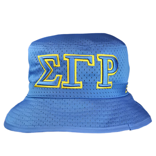 Blue bucket hat with yellow and blue text on a black background