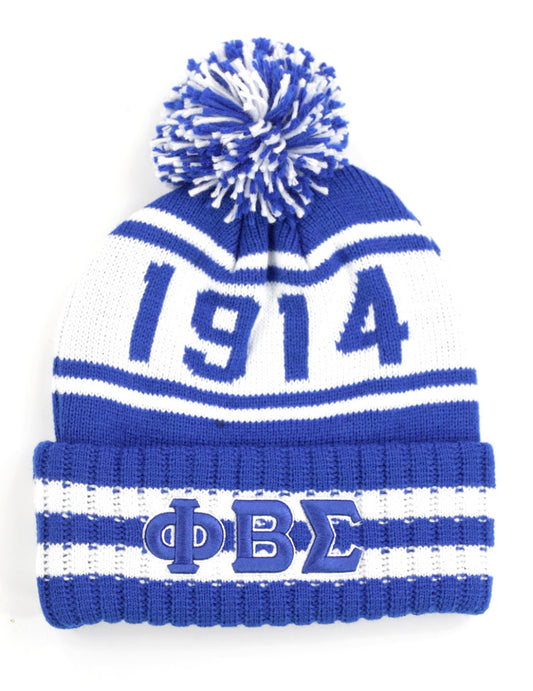 Blue and white beanie with '1914' and 'ΦΒΣ' text on a white background