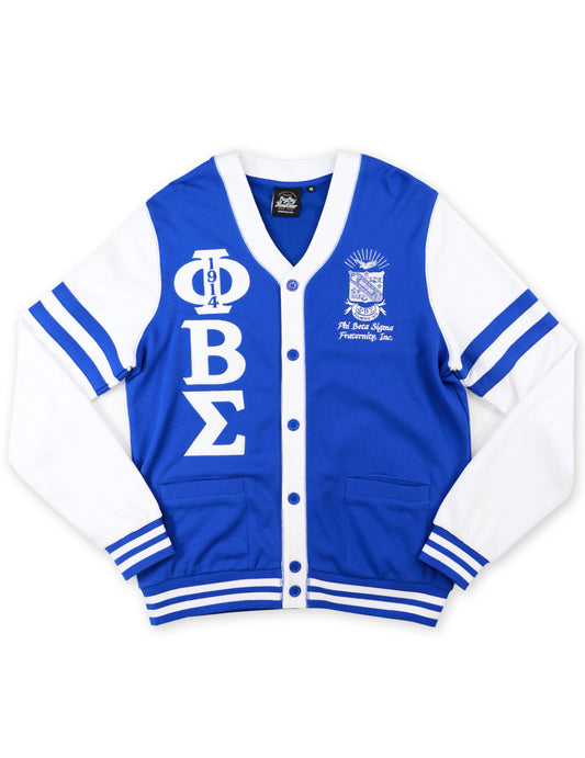 Blue and white varsity jacket with Phi Beta Sigma letters on a white background