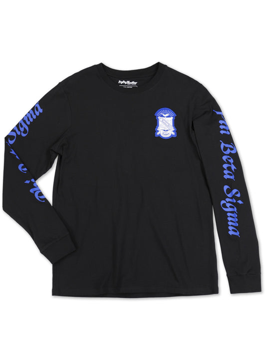 Black long-sleeve shirt with blue text and logo on a white background