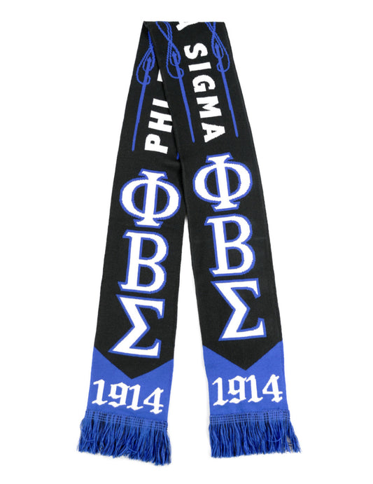 Black and blue scarf with Greek letters and numbers on a white background