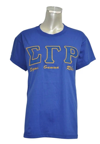 Blue t-shirt with gold lettering on a mannequin against a white background
