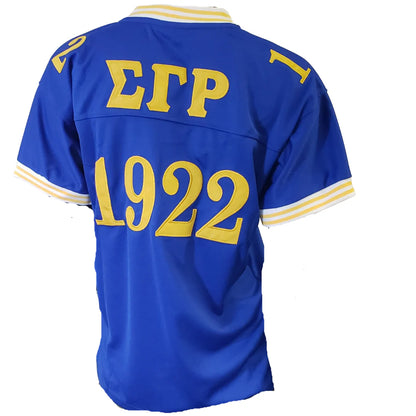 Blue sports jersey with yellow text and numbers on a white background