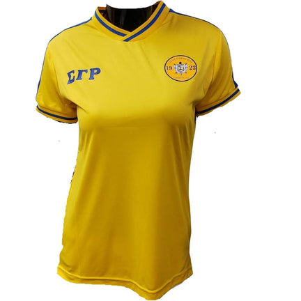 Yellow sports jersey with blue accents and logos on a white background
