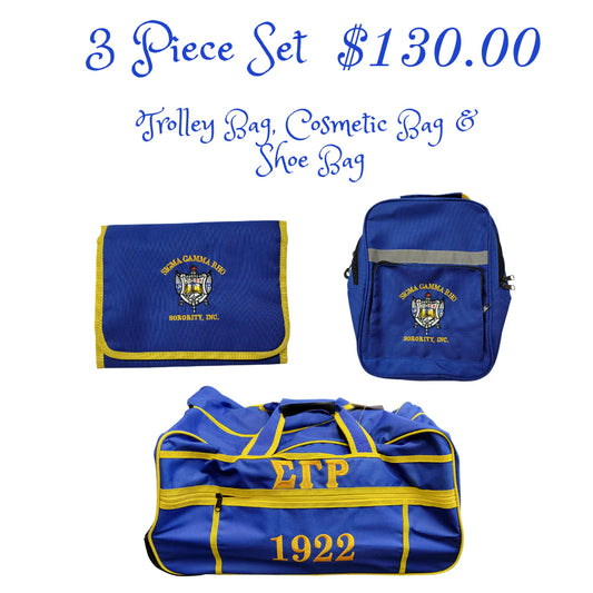 Three blue bags with yellow accents and a logo, labeled as a 3-piece set with price and product description.