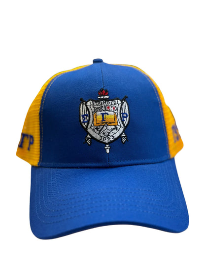 Blue and yellow cap with a crest design on a white background