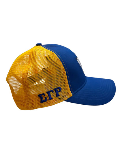 Blue and yellow cap with 'Sigma Gamma Rho' letters on a white background